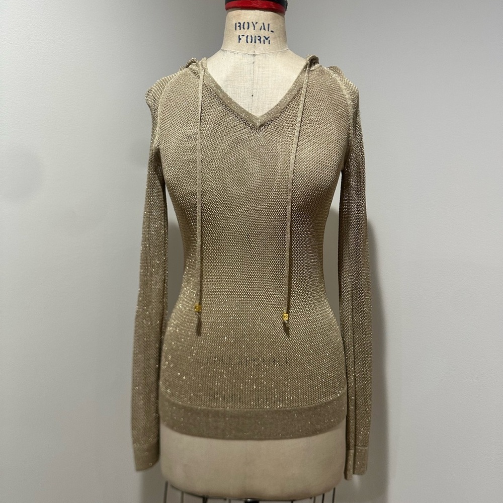 Michael Kors Lurex Metallic Mesh V-Neck Pullover Hoodie in Gold size xs